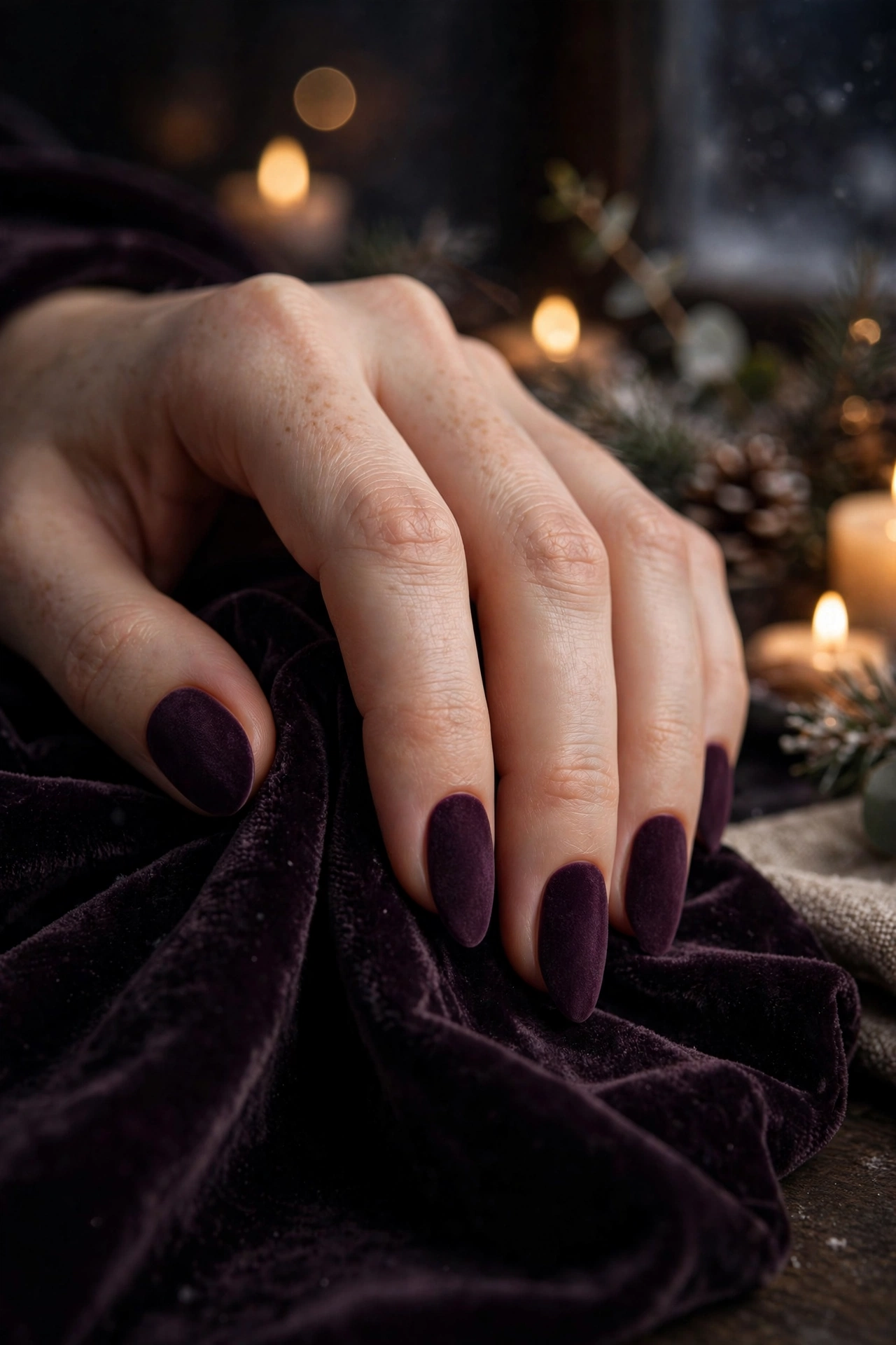 Plum velvet matte nails by candlelight