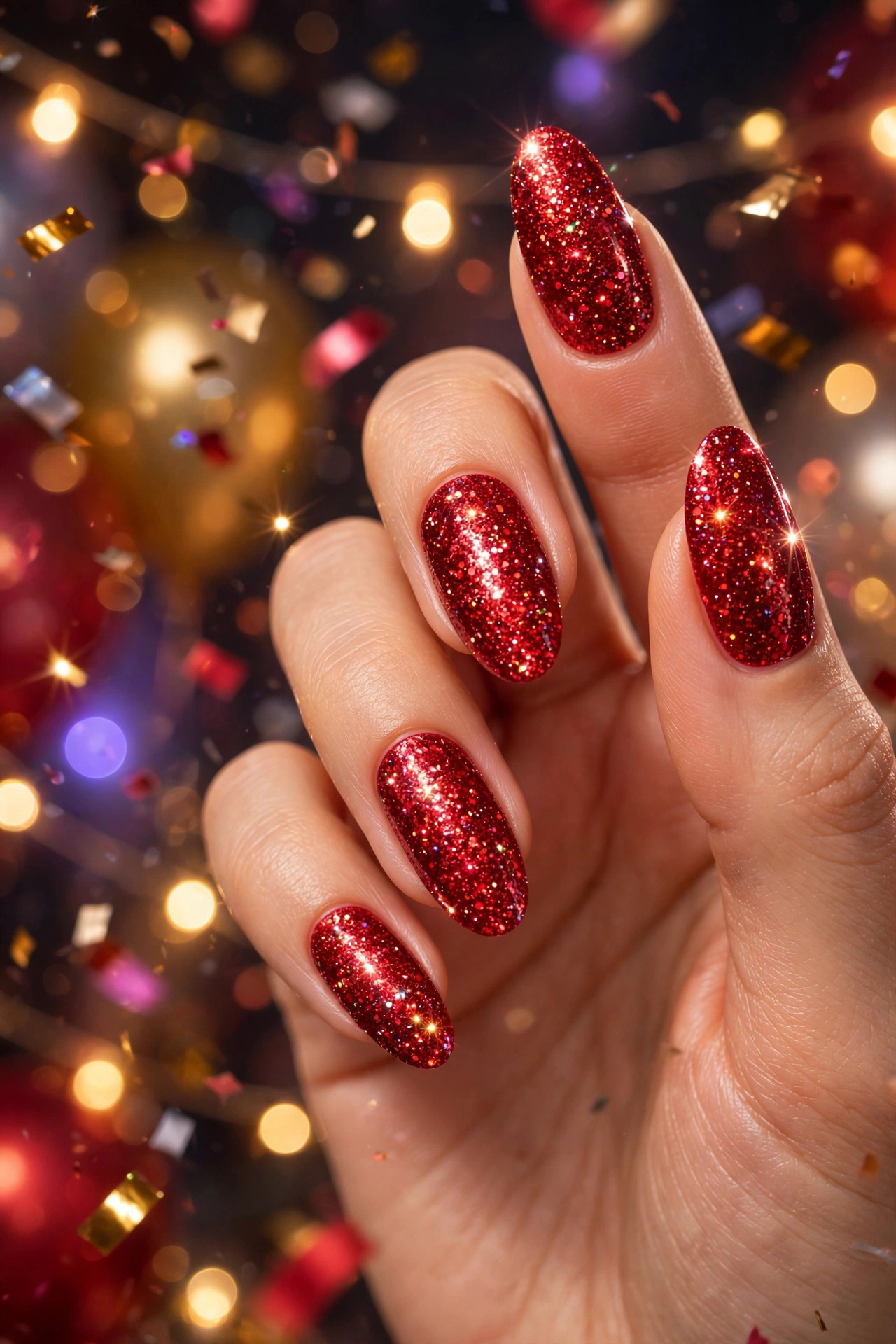 Cranberry glitter nails at party