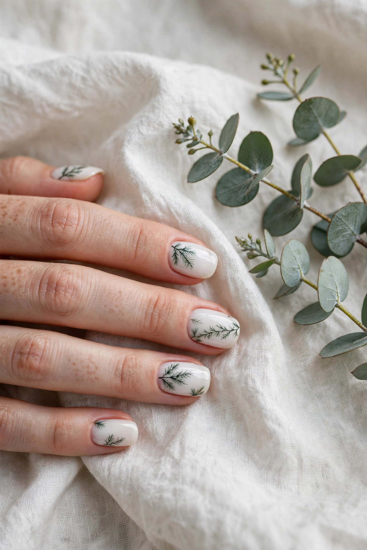 Pine branch art on milky nails with eucalyptus