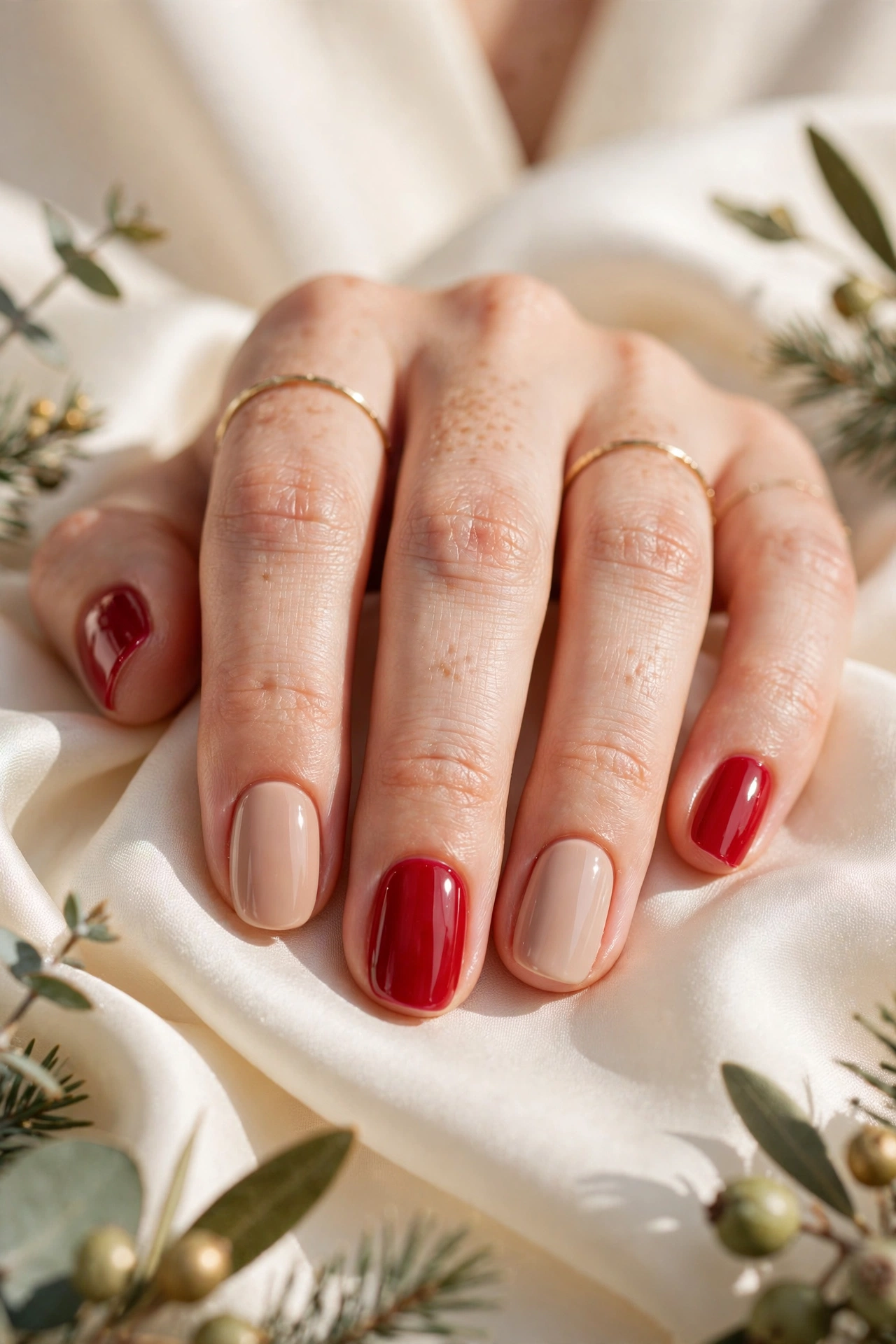 Alternating nude and red nails