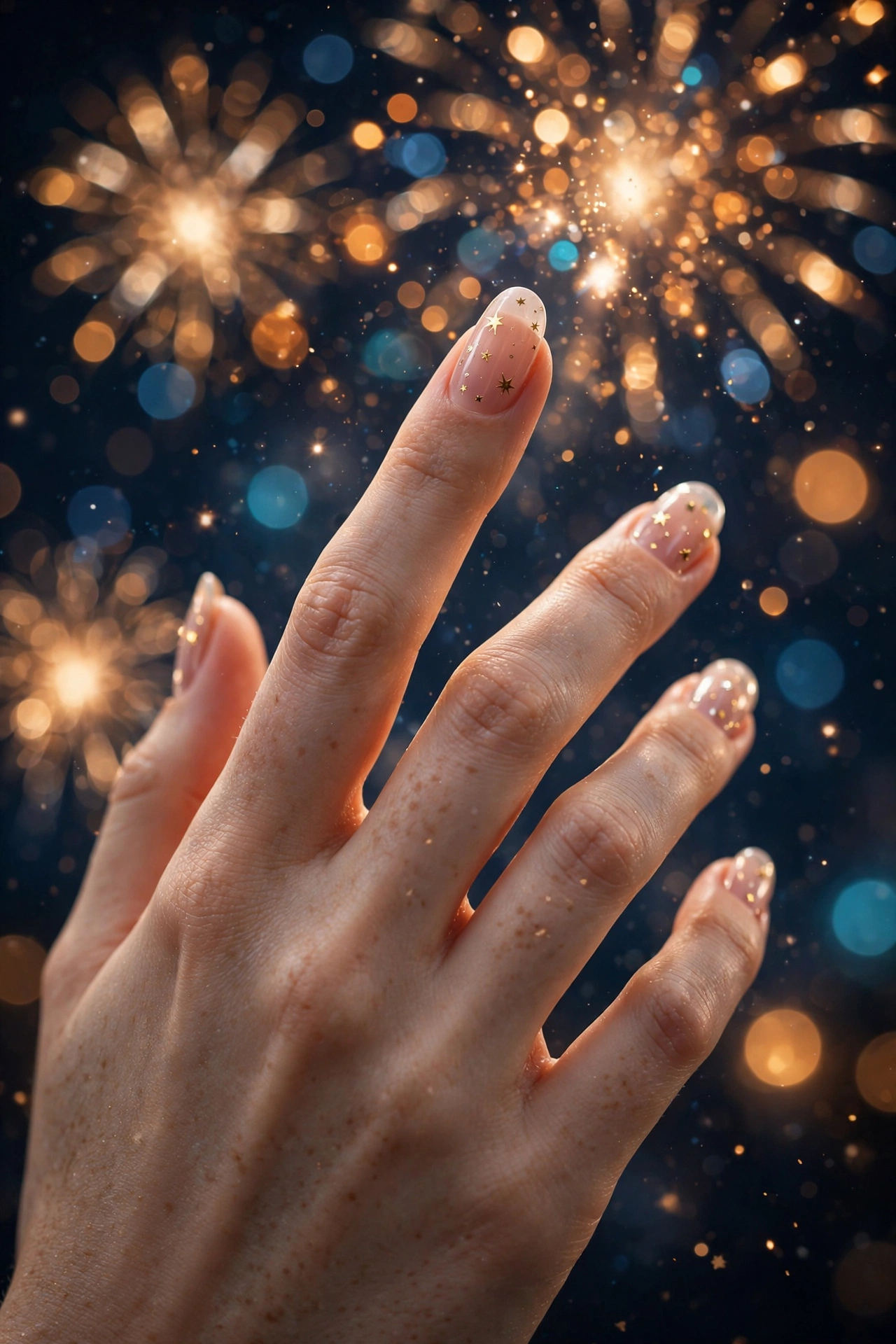 Gold stars on nude nails with fireworks