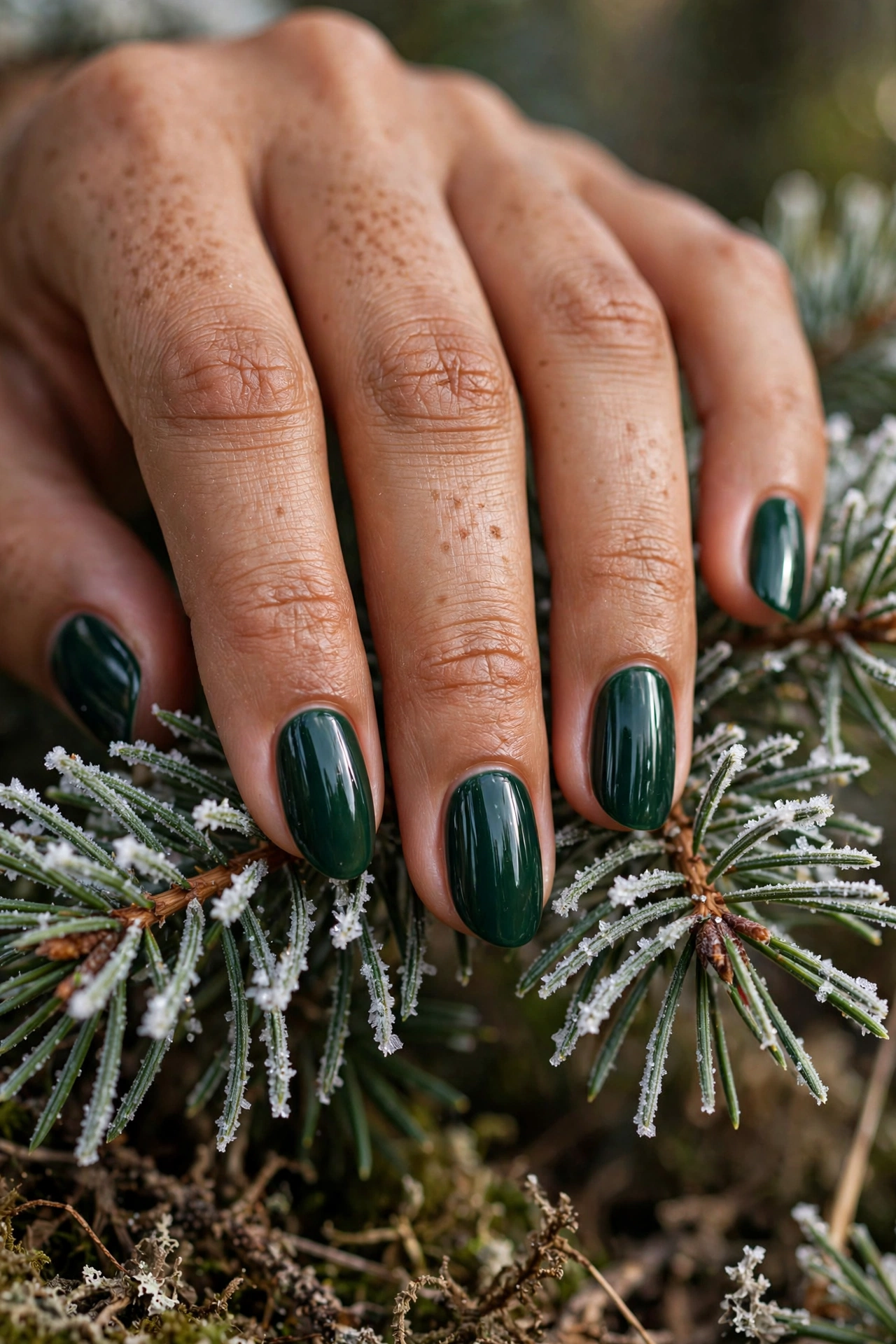 Evergreen glossy nails with pine branches