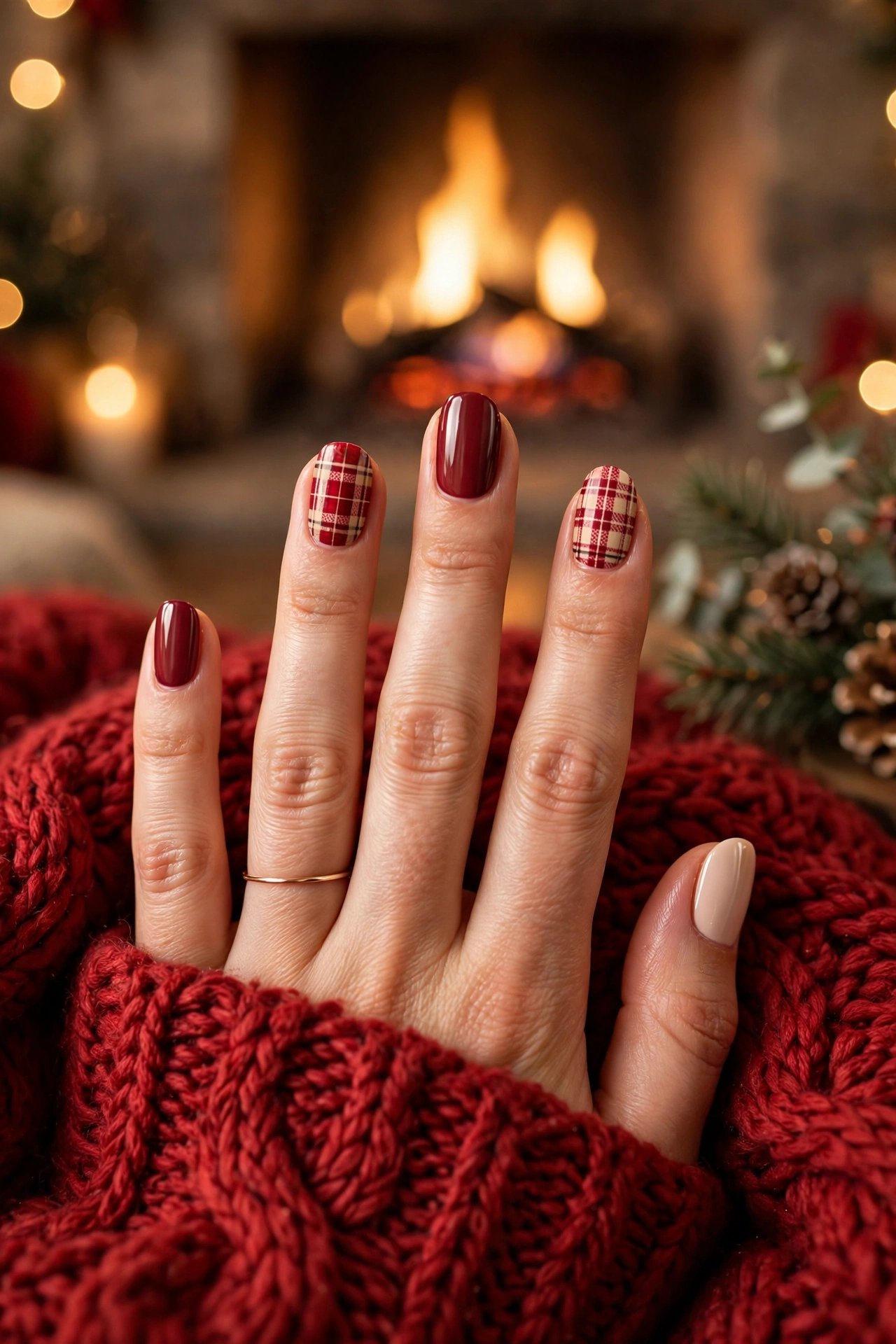Burgundy cream plaid mix nails by fireplace