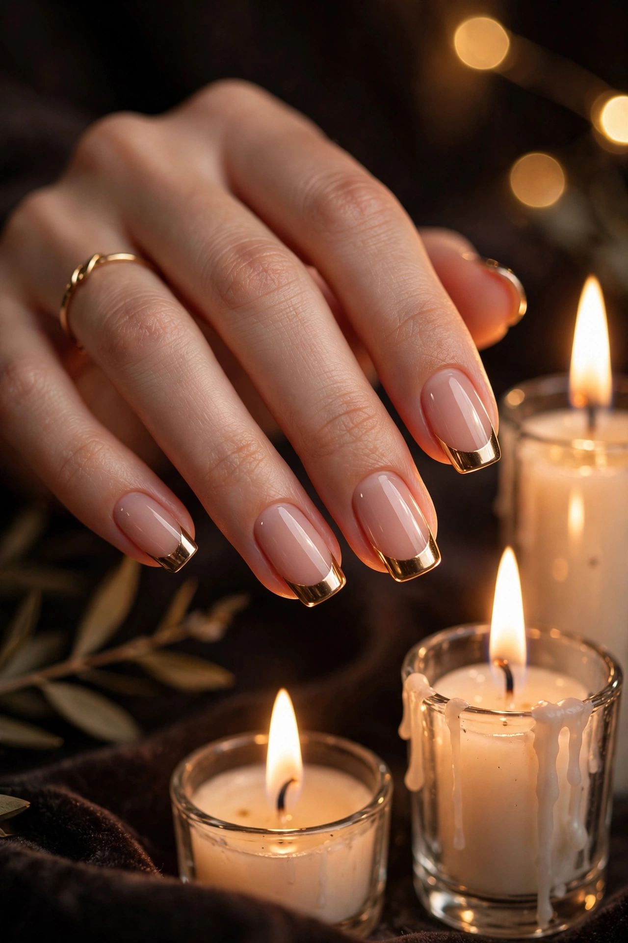Gold chrome French tip nails by candlelight
