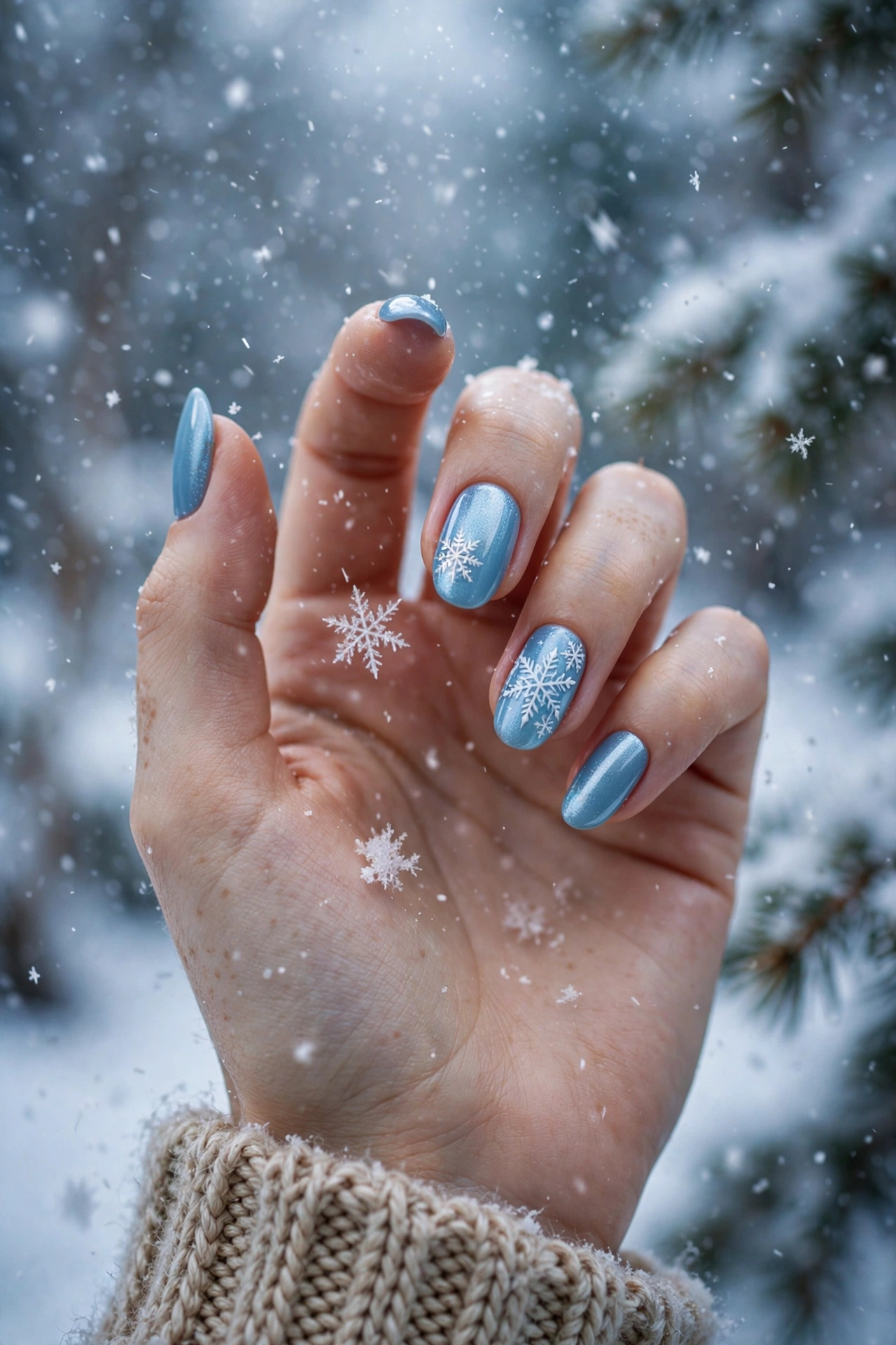 Snowflake art on icy blue nails in snowfall