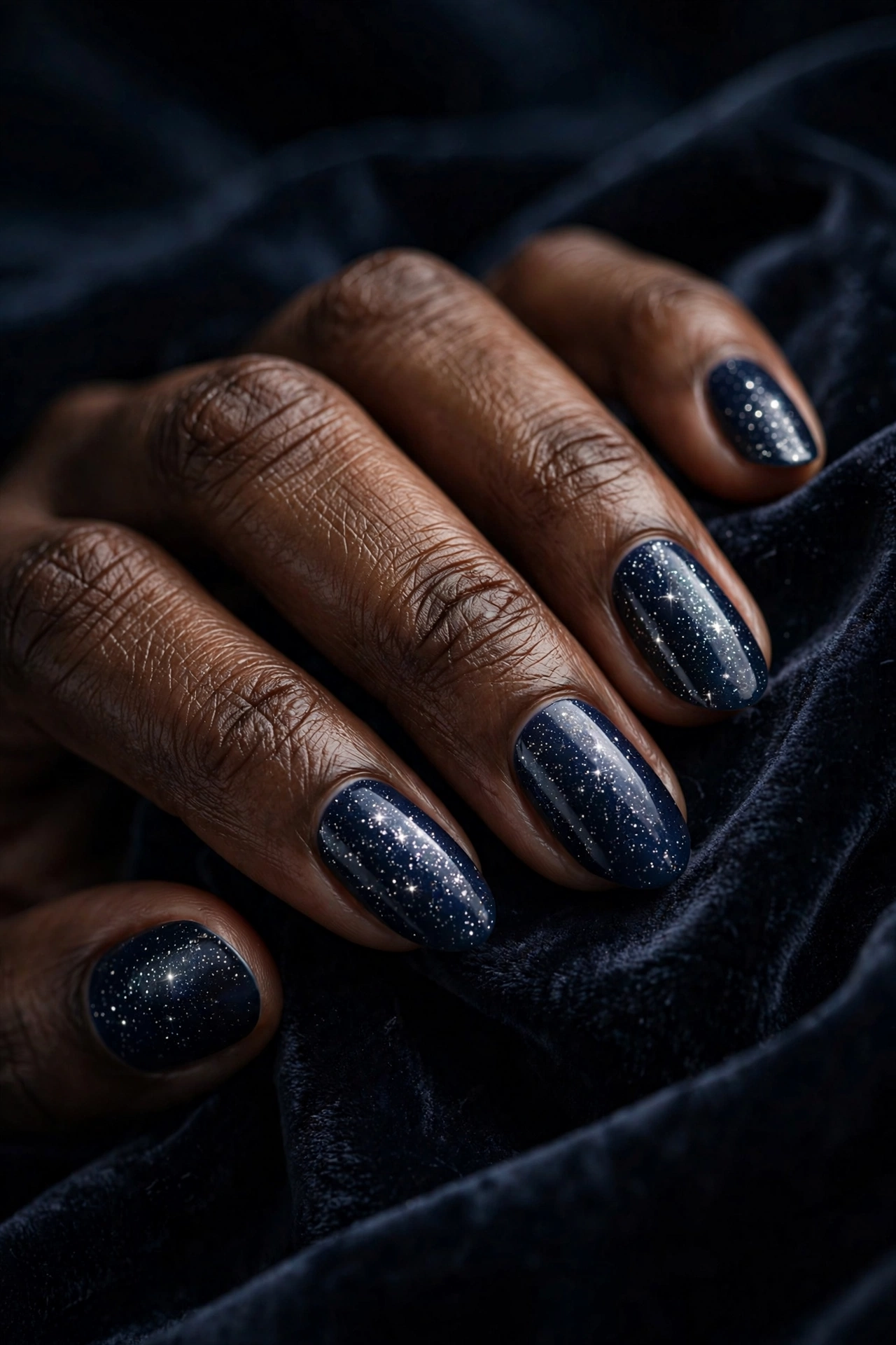 Midnight navy sparkle nails on deep skin