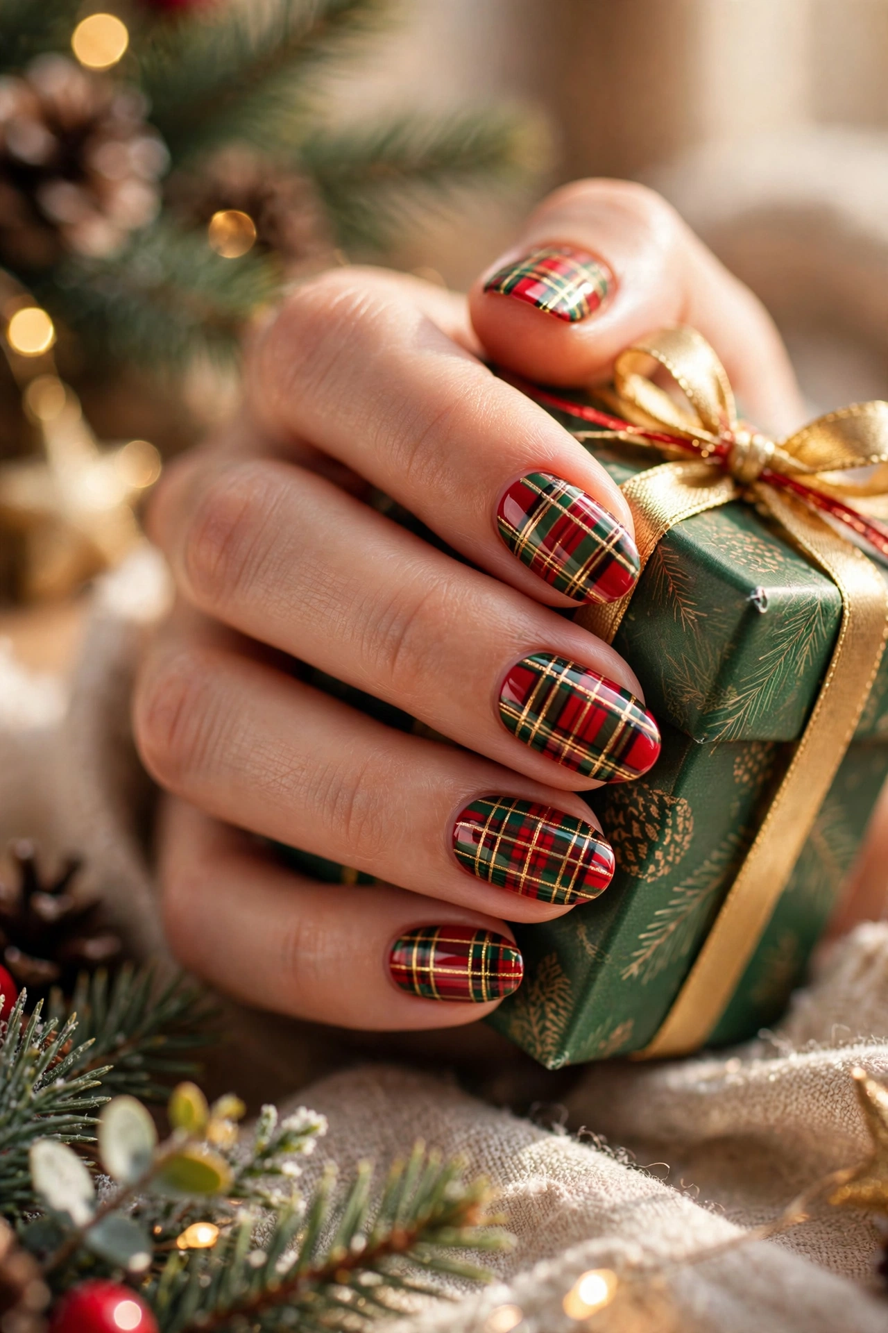 Red green gold holiday plaid nails with gift