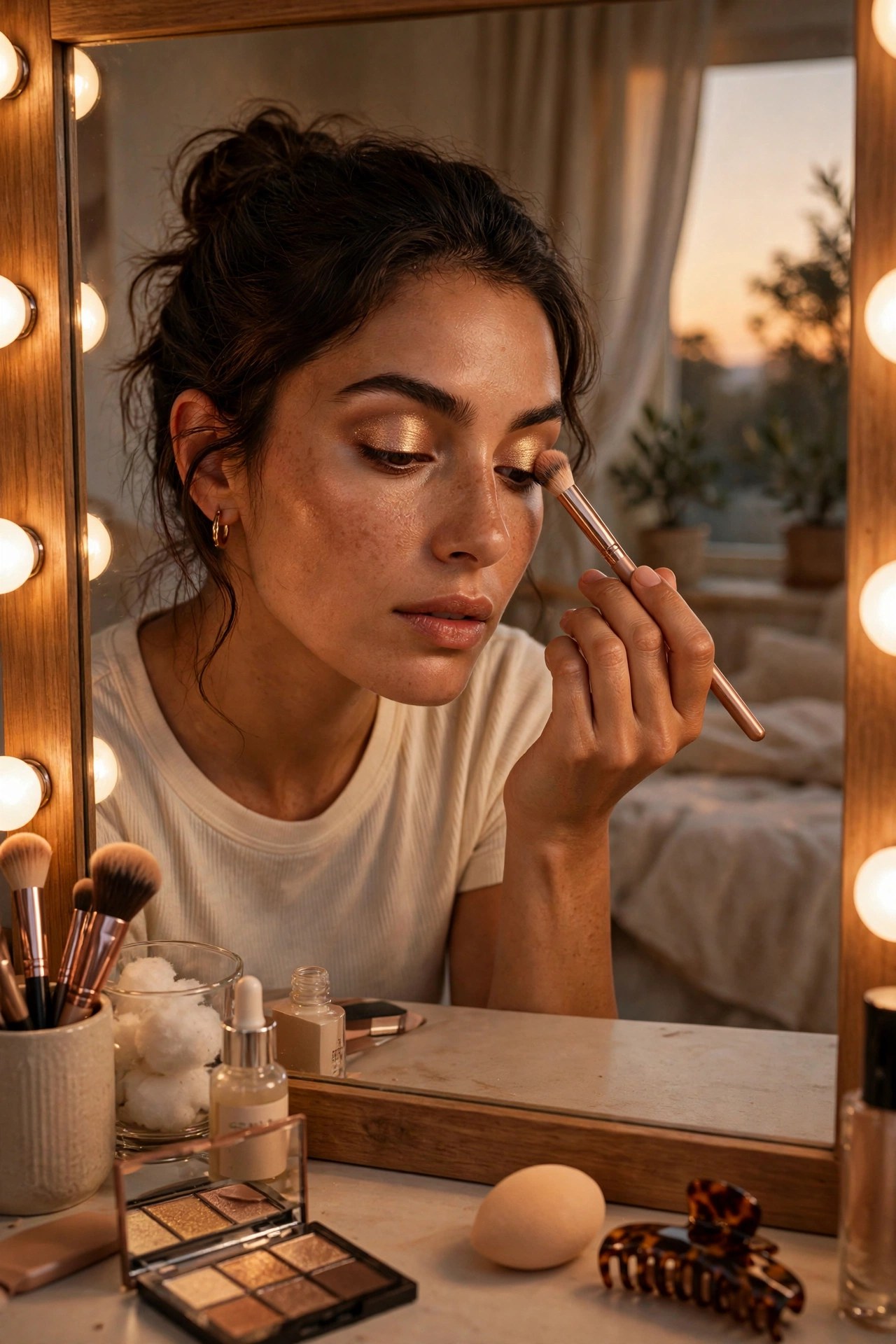Woman applying eyeshadow over a primed eyelid at her vanity mirror