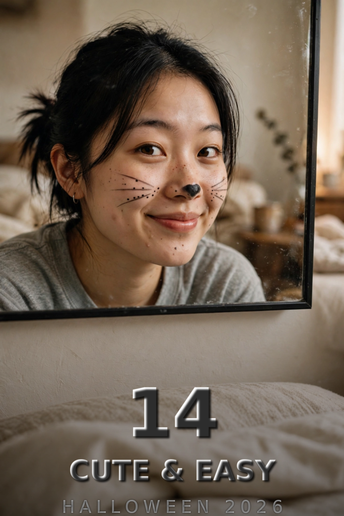 Cute cat Halloween makeup with whiskers and cat nose on a young woman