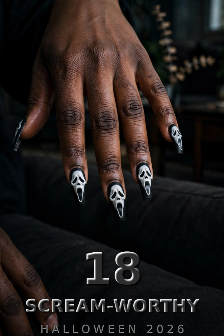 Long black Halloween nails with Ghostface scream mask art on elegant hands