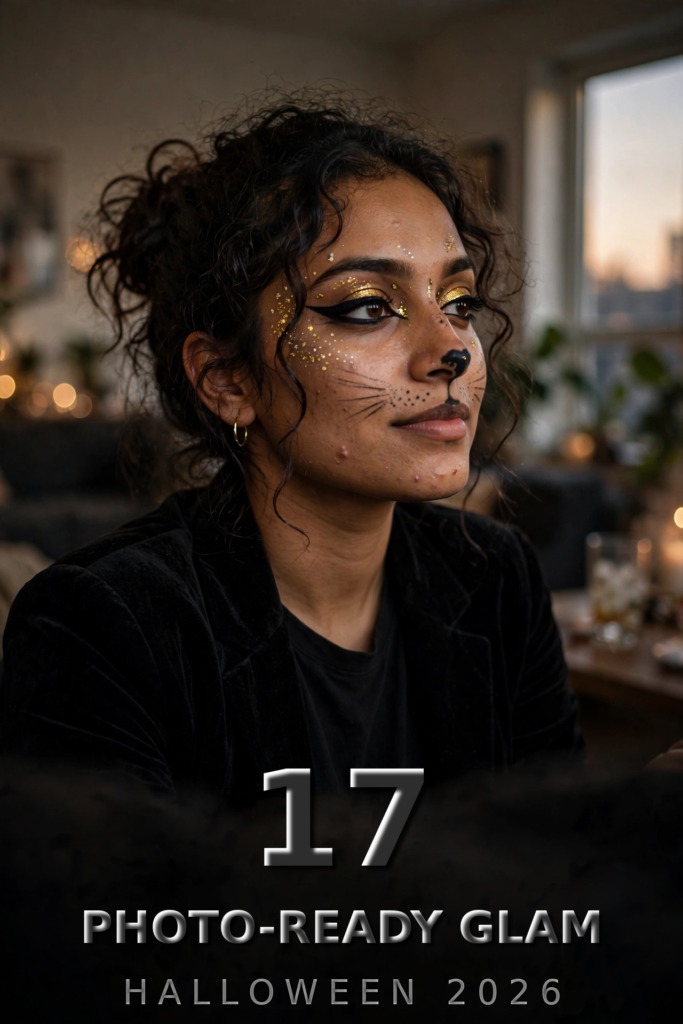 Glamorous photo-ready cat makeup with gold glitter eyeshadow on a woman
