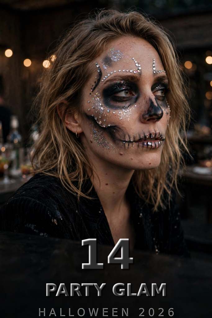 Glitter and rhinestone glam skull makeup for a Halloween party on a woman