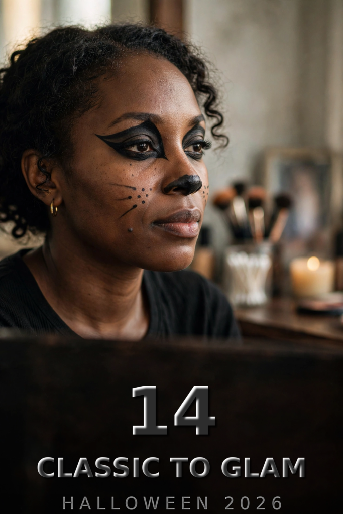 Classic black cat Halloween makeup with sharp cat-eye liner on a woman