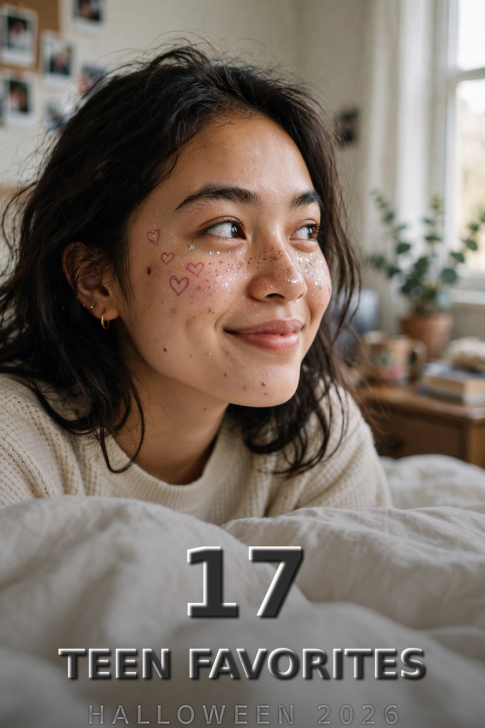 Cute teen Halloween makeup with heart doodles and glitter freckles on a young woman