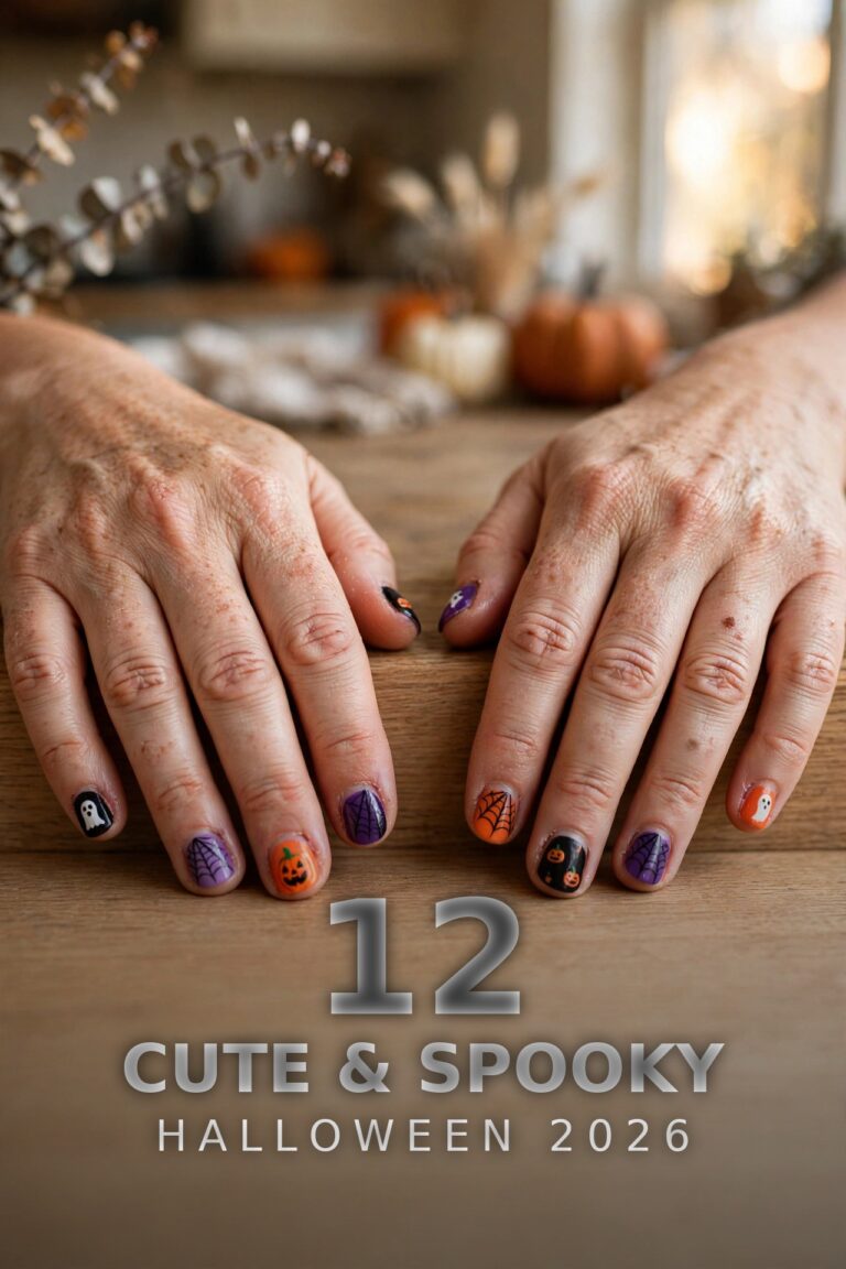 Hands with short Halloween nail art featuring ghosts, pumpkins and spiderwebs