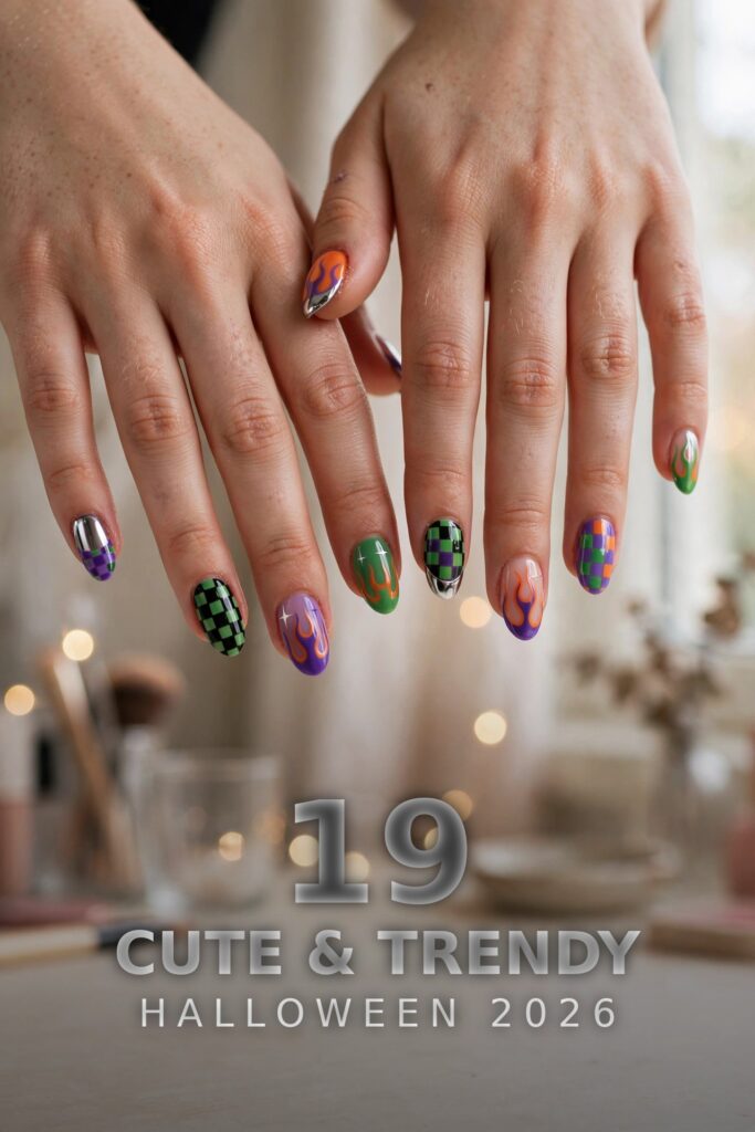 Trendy Halloween nail designs with chrome tips, checkerboard and flame art