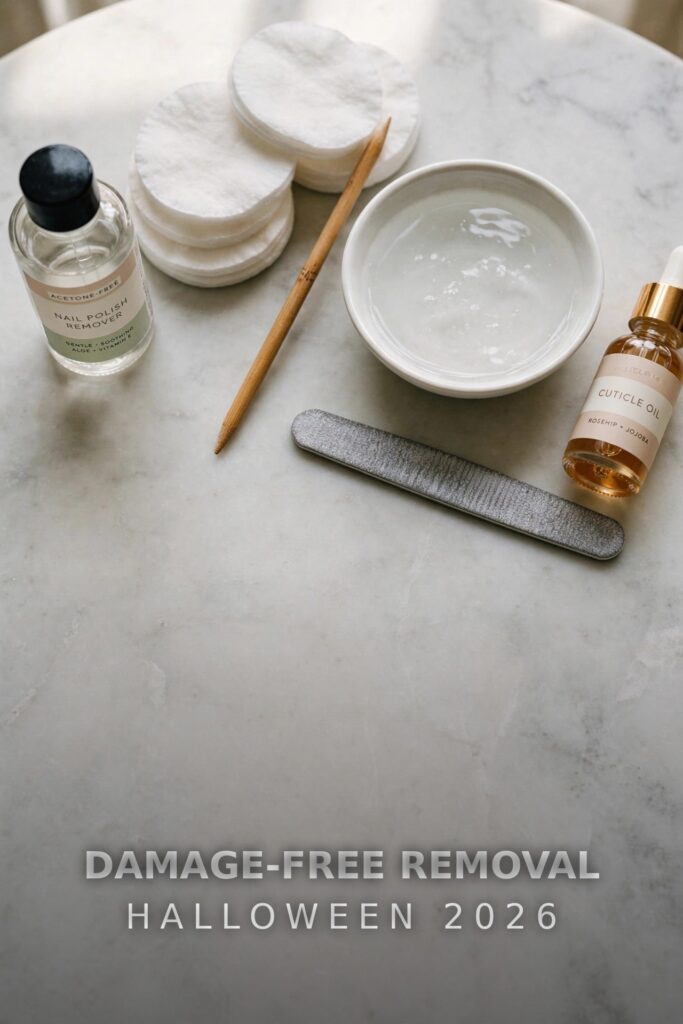 Gentle nail polish removal essentials with cotton pads, remover and cuticle oil