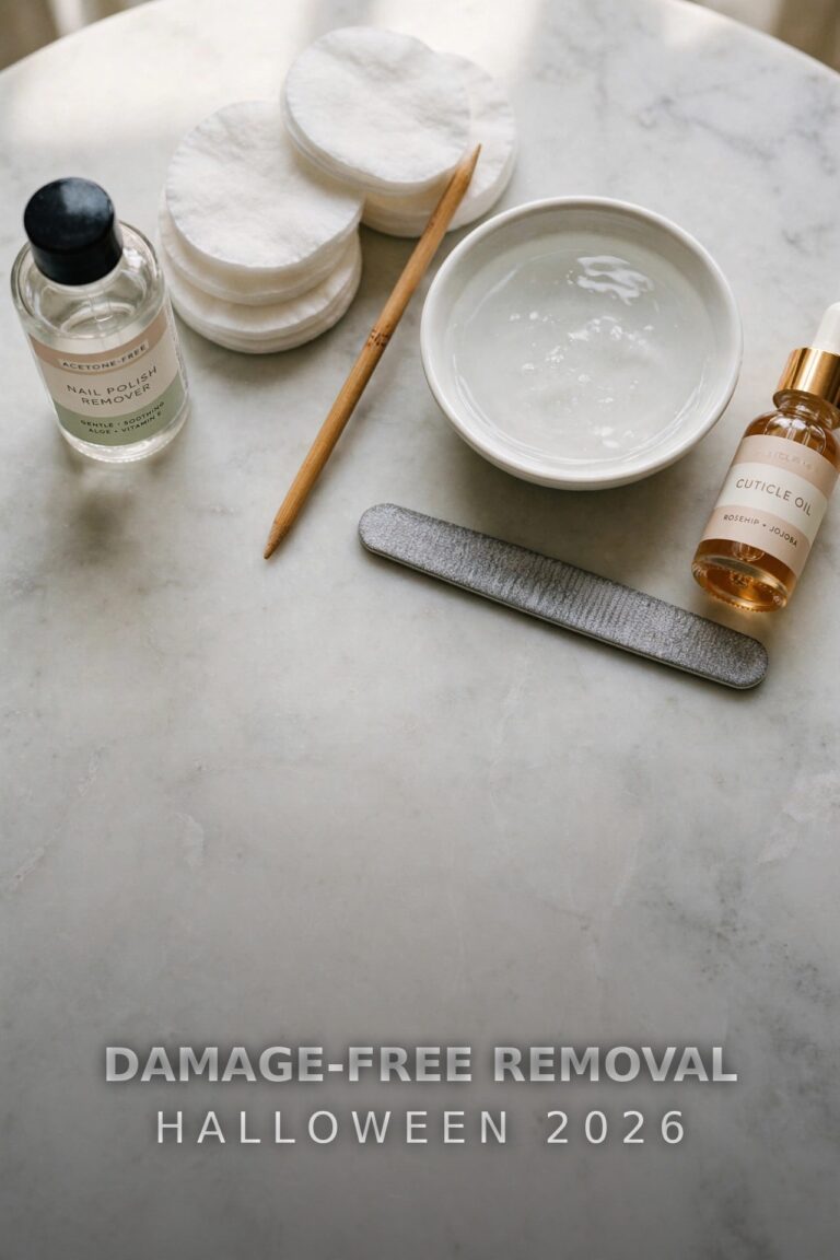 Gentle nail polish removal essentials with cotton pads, remover and cuticle oil