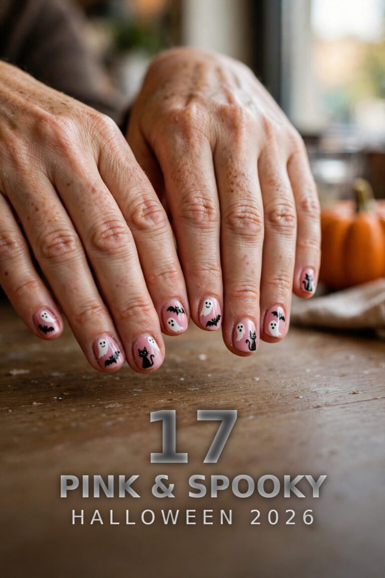 Short pink Halloween nails with ghost and bat nail art