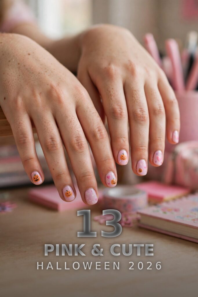 Cute pink Halloween nails with smiling pumpkins and stars