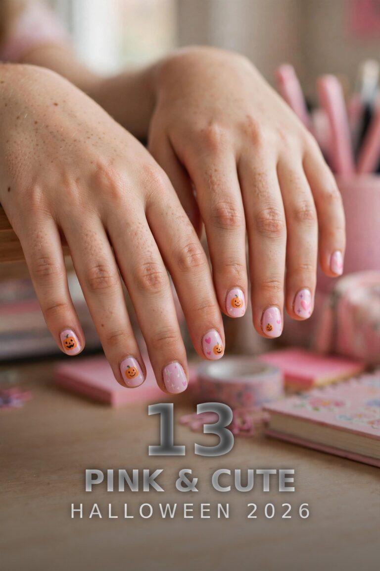 Cute pink Halloween nails with smiling pumpkins and stars