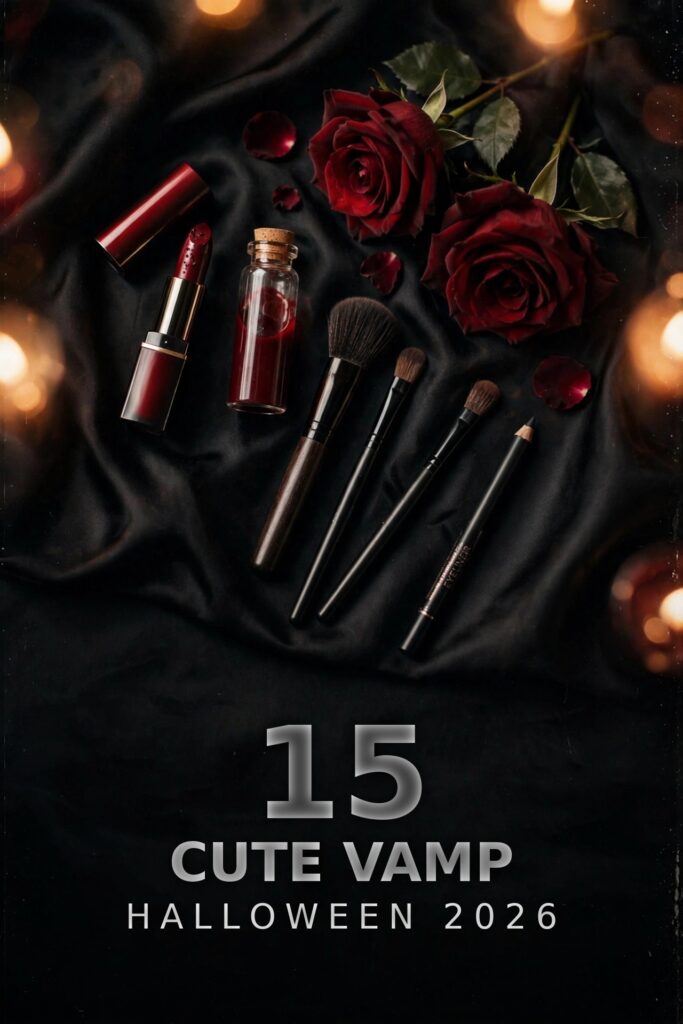 Vampire makeup essentials flat-lay with dark red lipstick, fake blood and brushes