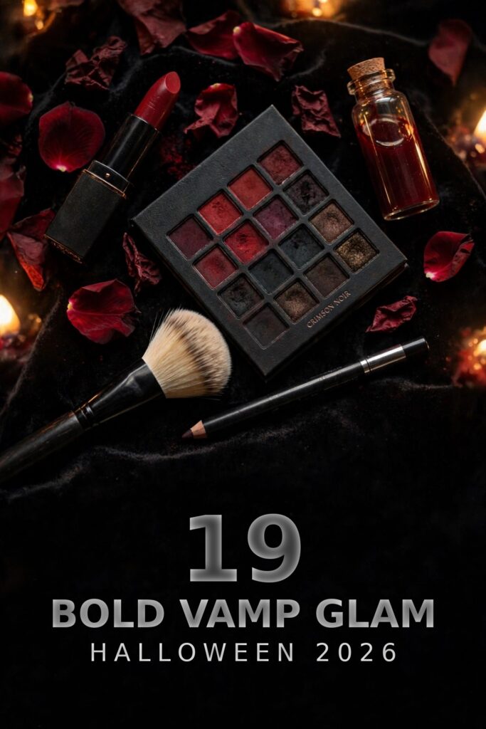 Bold vampire glam makeup flat-lay with red lipstick and eyeshadow palette