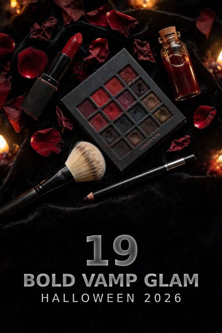 Bold vampire glam makeup flat-lay with red lipstick and eyeshadow palette