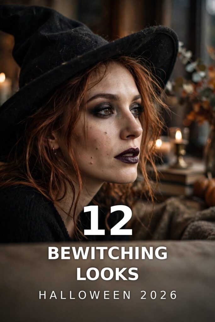 Woman in a black witch hat with dark smoky witch Halloween makeup and auburn hair in a candlelit autumn room