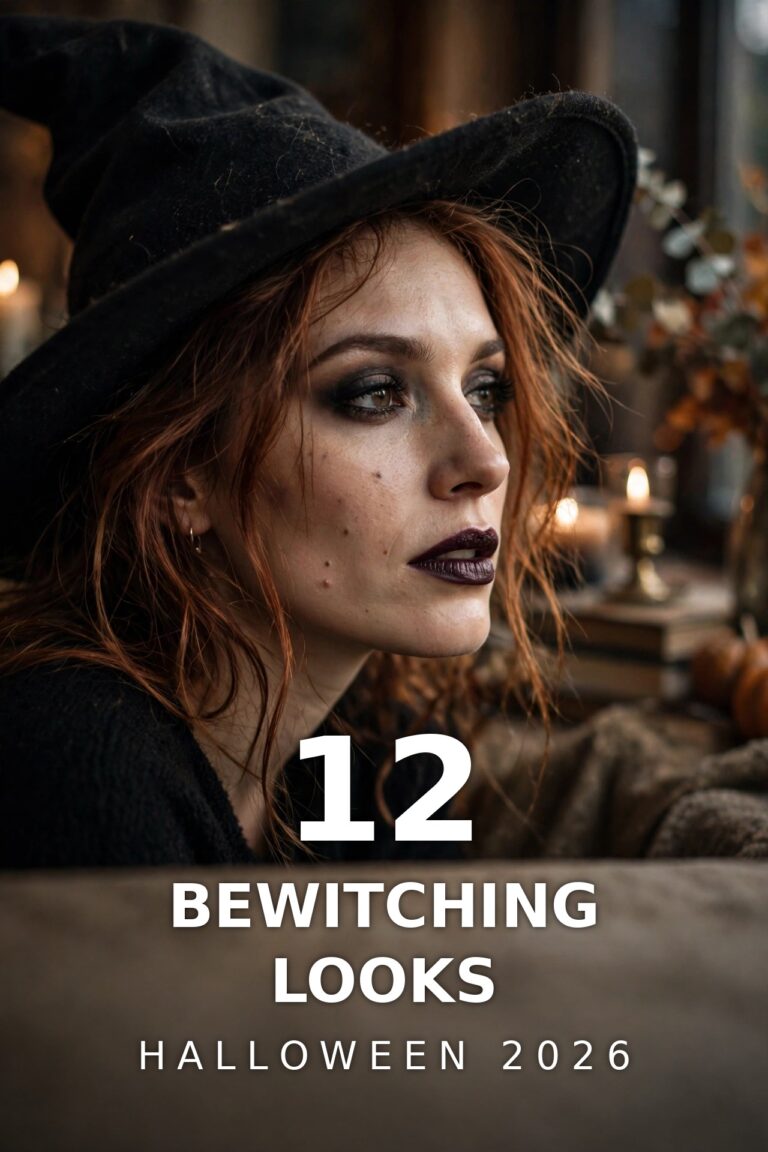 Woman in a black witch hat with dark smoky witch Halloween makeup and auburn hair in a candlelit autumn room