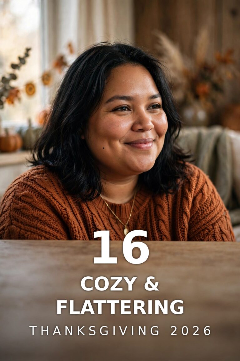 Plus-size woman in a rust cable-knit sweater smiling in a warm autumn living room