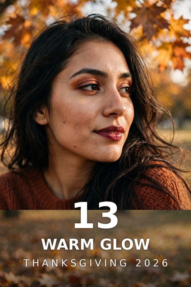 Woman with warm copper eyeshadow and berry lipstick makeup against golden autumn foliage