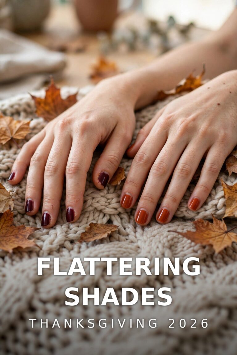 Hands with burgundy and burnt-orange fall nails resting on a knit blanket with autumn leaves
