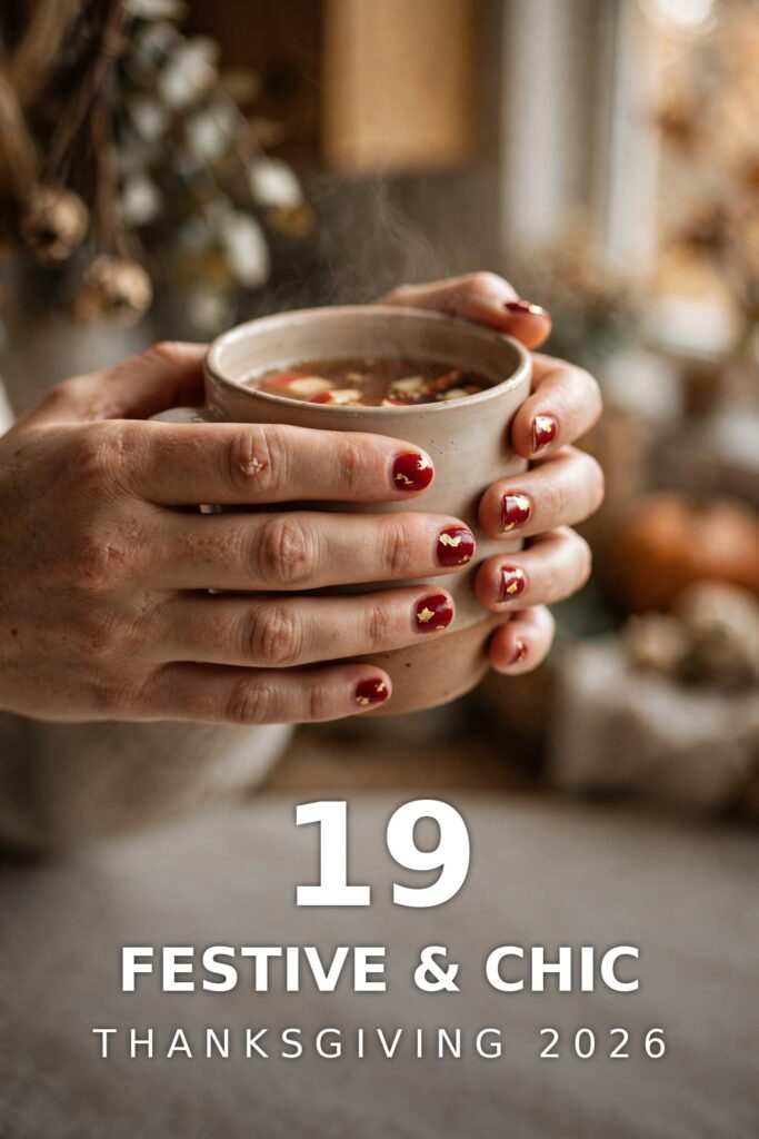 Hands with cranberry red and gold-leaf Thanksgiving nails holding a warm cider mug