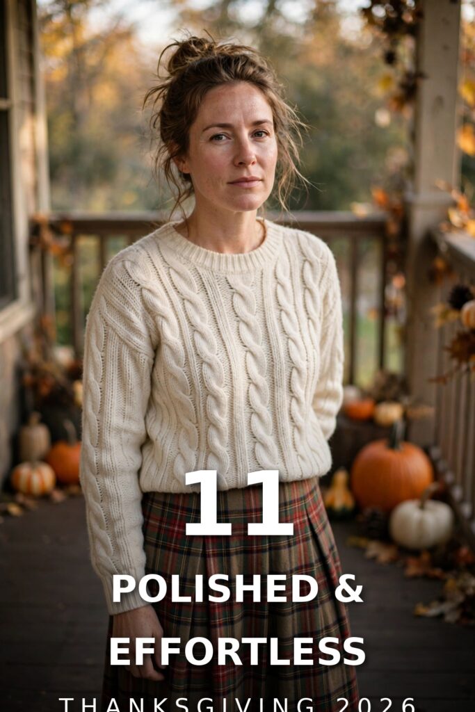 Woman in cream cable-knit sweater and plaid midi skirt on a pumpkin-decorated porch for Thanksgiving