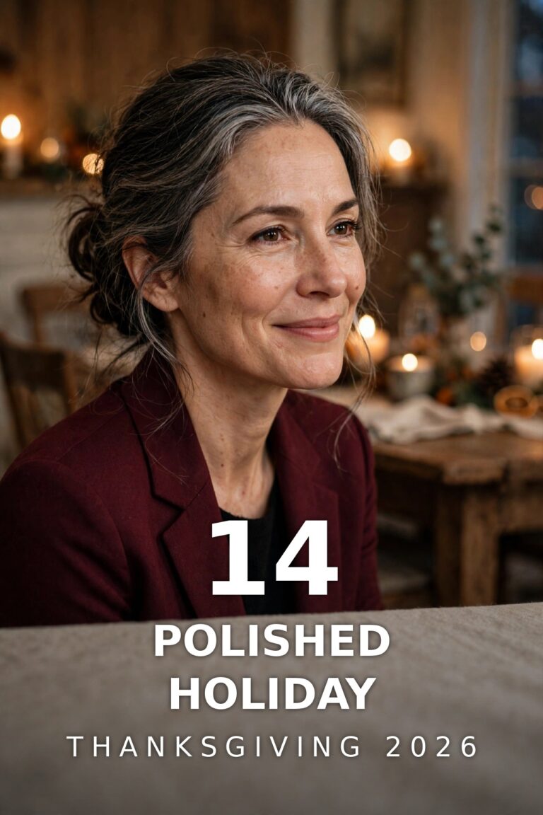 Woman over 40 in a burgundy blazer at a candlelit Thanksgiving dining table