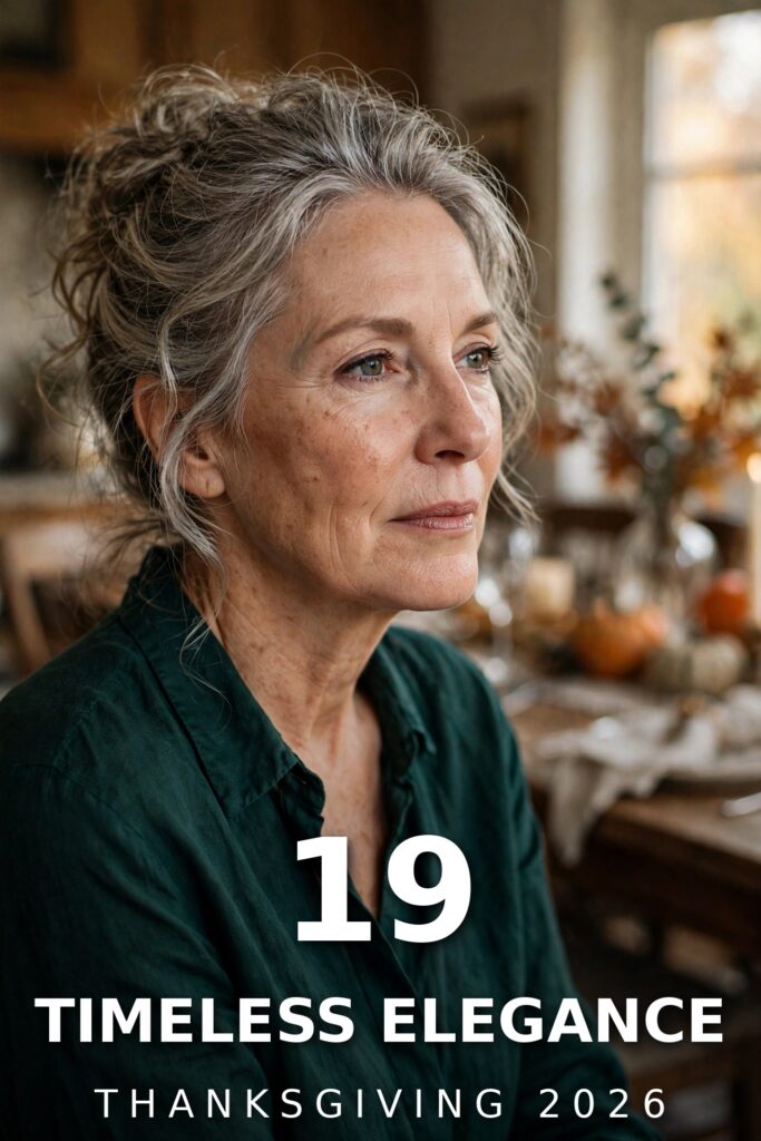 Elegant woman in her fifties with silver-streaked hair in a soft updo