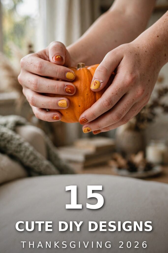 Hands with cute autumn nail designs in burnt orange and mustard yellow holding a small pumpkin