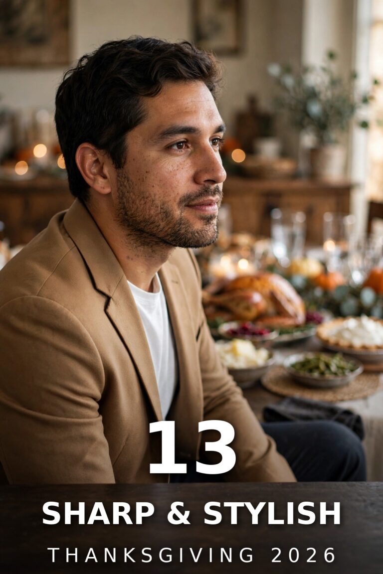 Man in a camel blazer seated at a Thanksgiving dinner table