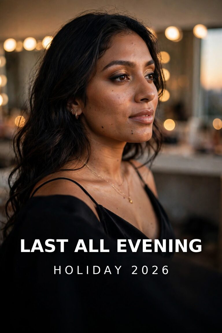 Woman with glamorous holiday party makeup and long dark wavy hair in an elegant black dress