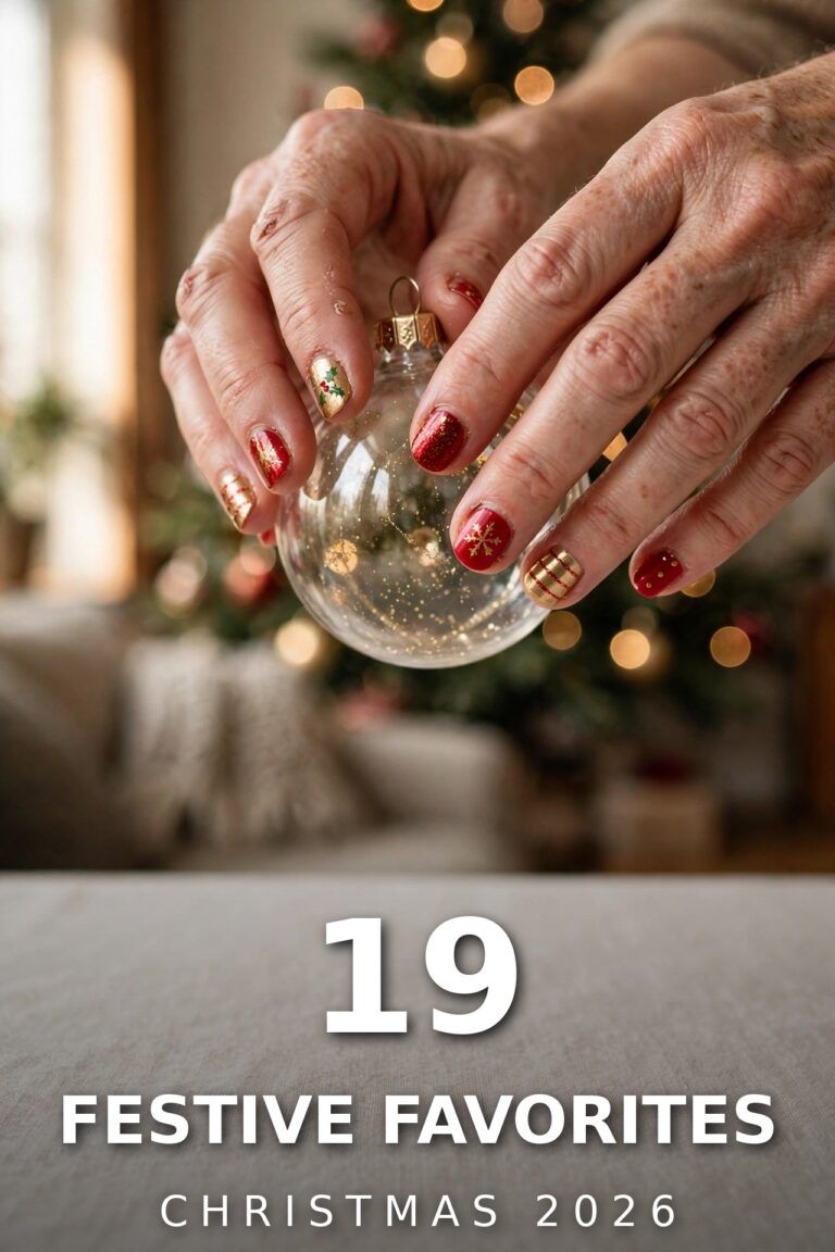 Hands with festive red and gold Christmas nail designs holding a glass ornament