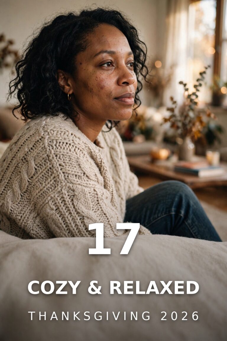 Woman in a cozy oatmeal knit sweater and jeans relaxing in a warm autumn living room