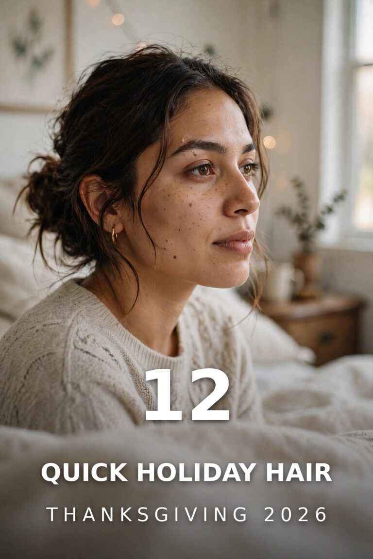 Woman with a loose low bun hairstyle and soft face-framing strands in morning light