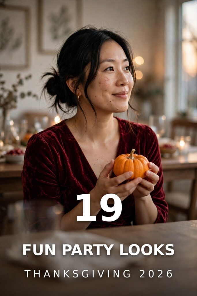 Woman in a burgundy velvet dress holding a small pumpkin at a Friendsgiving table
