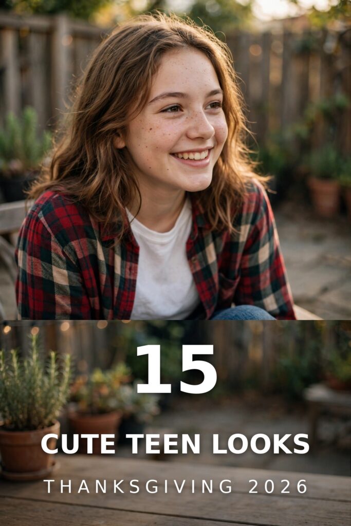 Smiling teenage girl in a plaid shirt and jeans on an autumn backyard patio
