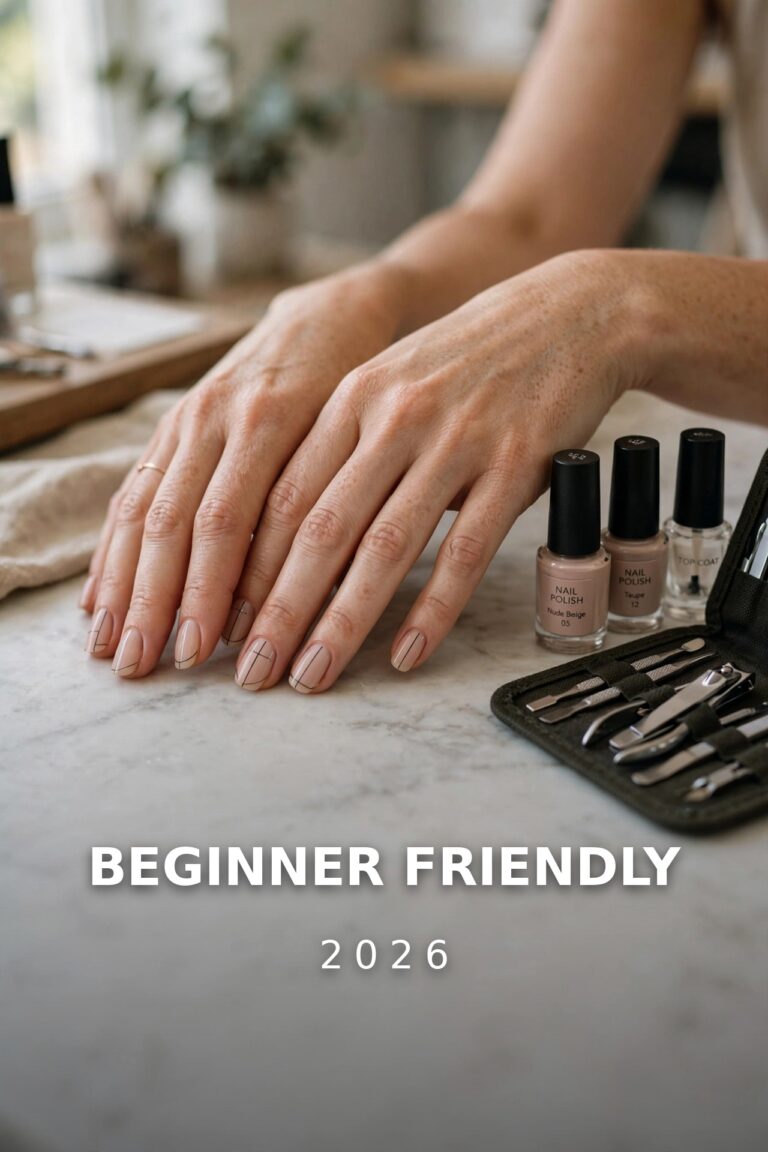 Hands with minimalist nude nail art resting on a marble table beside nail polish bottles