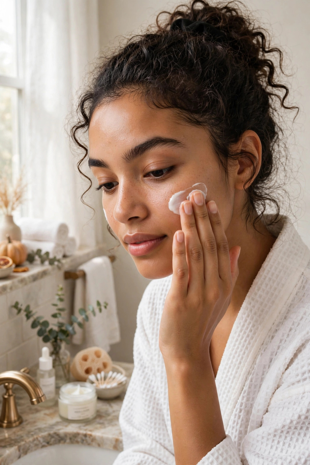 Woman applying moisturizer and primer to prep skin before Halloween makeup
