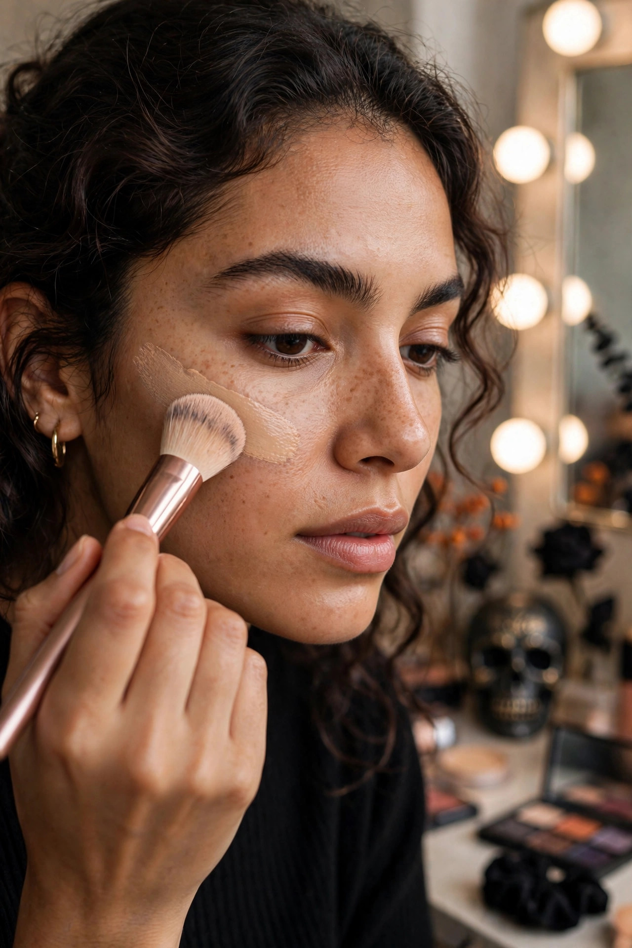 Close-up of thin foundation layer being applied with a makeup brush