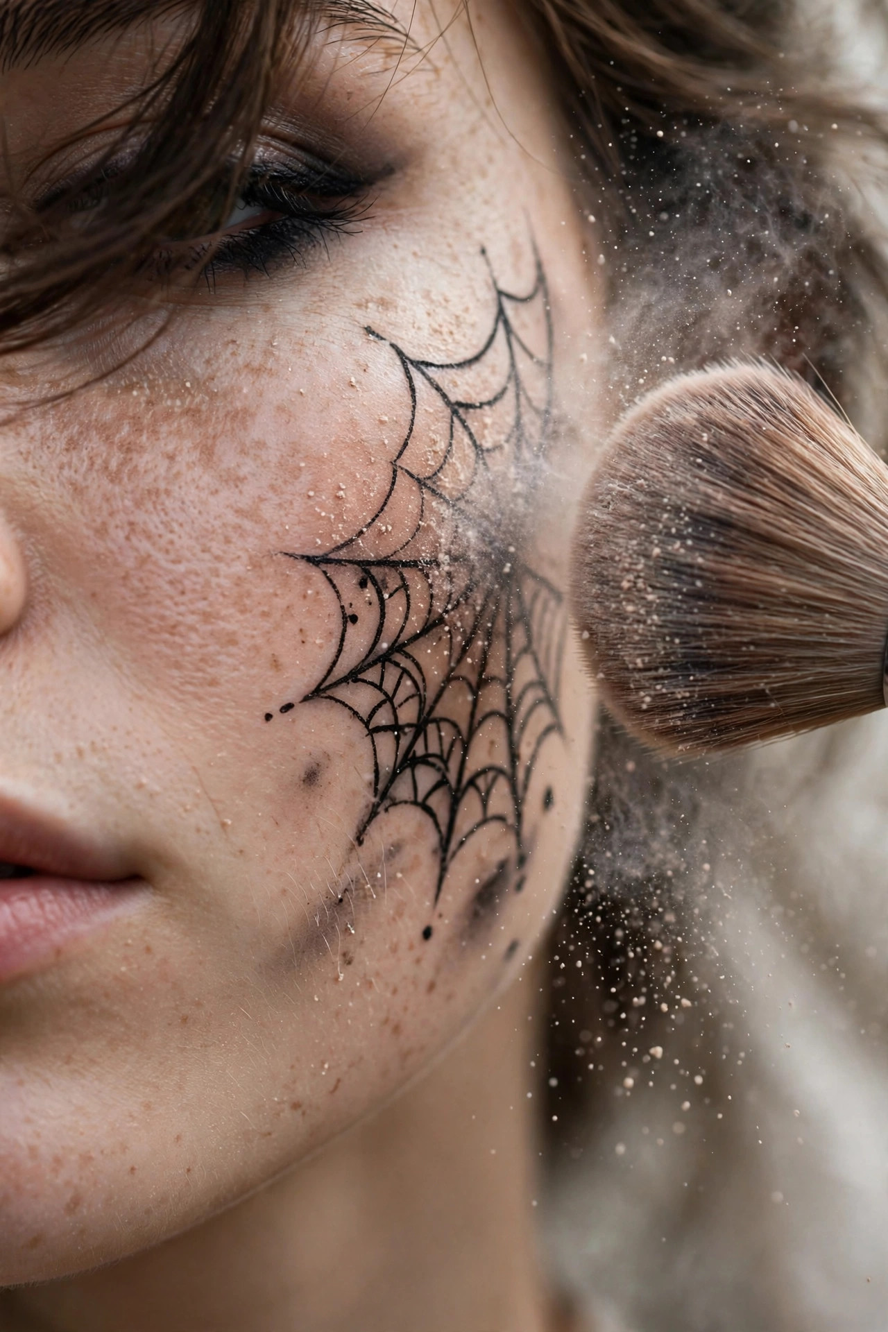 Fluffy brush dusting translucent setting powder over finished Halloween makeup