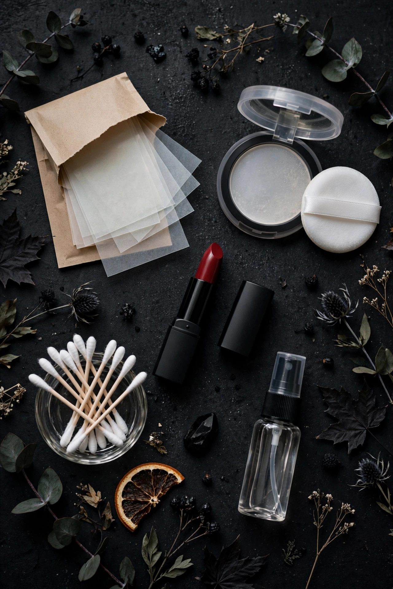 Flat lay of Halloween makeup touch-up kit with blotting papers and mini powder